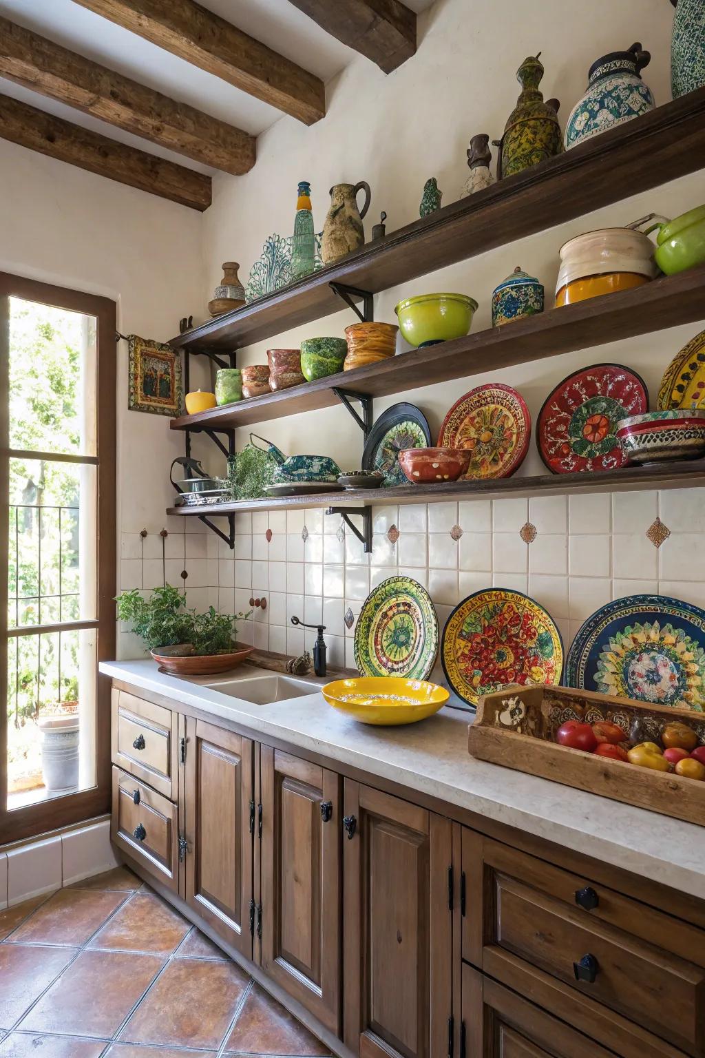 Spanish pottery contributes vibrancy and cultural richness to the cooking space.