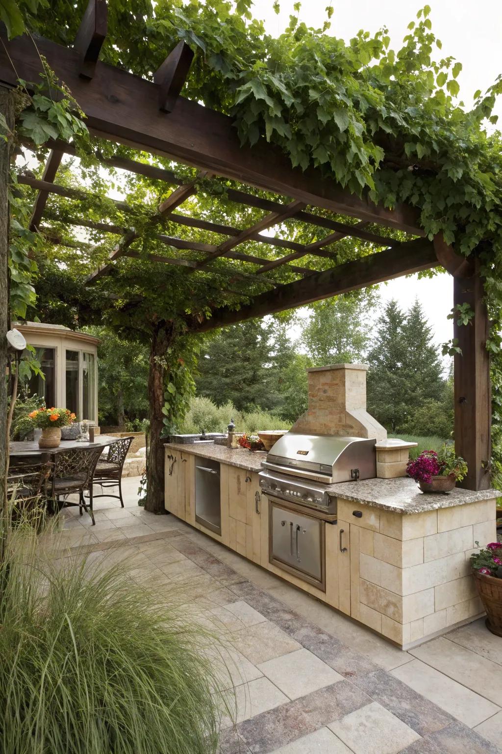 A vine-clad canopy provides shade and allure to this beautiful outdoor cooking area.