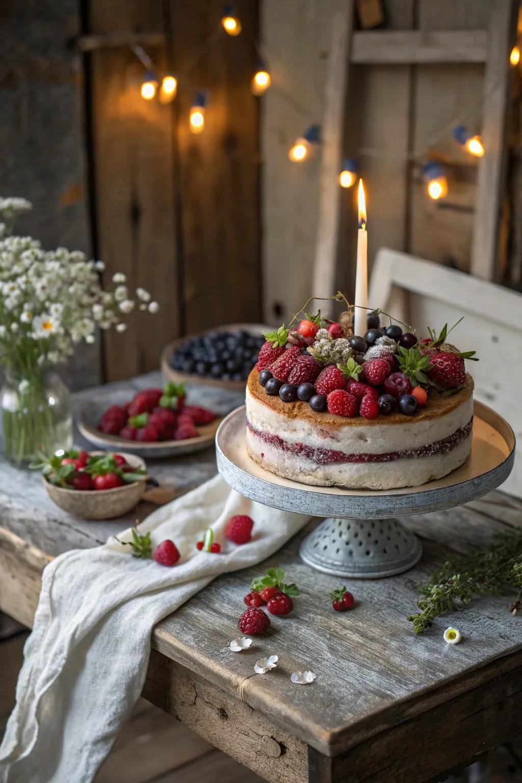 A rustic berry-topped cake with natural elegance.