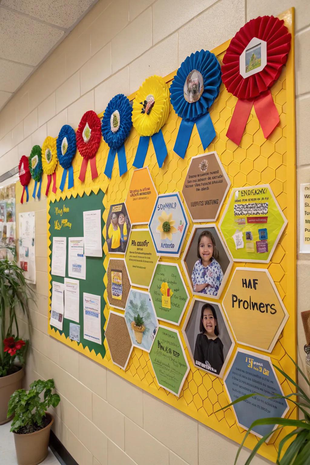 A honeycomb of success filled with student achievements.