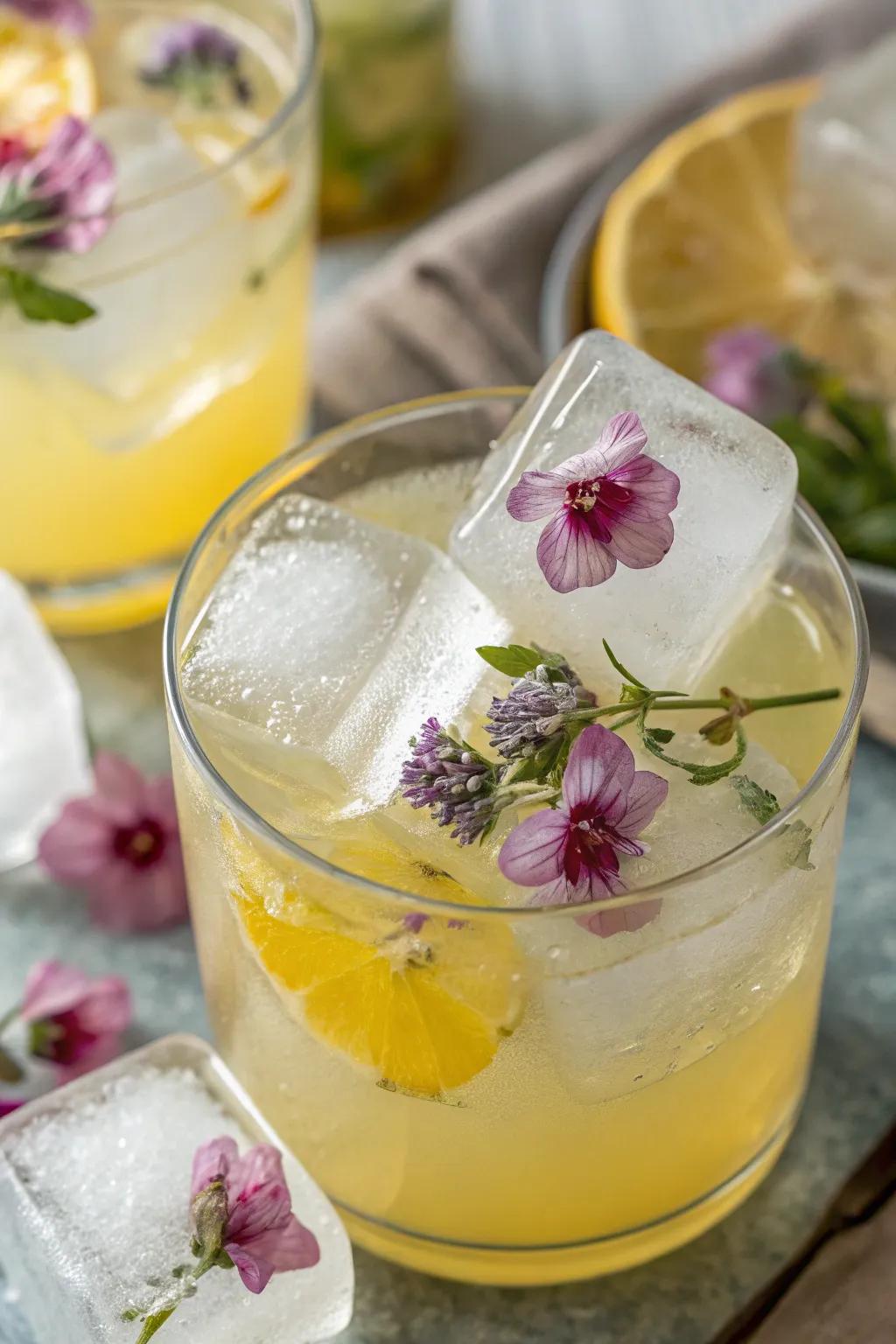 Edible flower ice gems introduce a whimsical touch to beverages.
