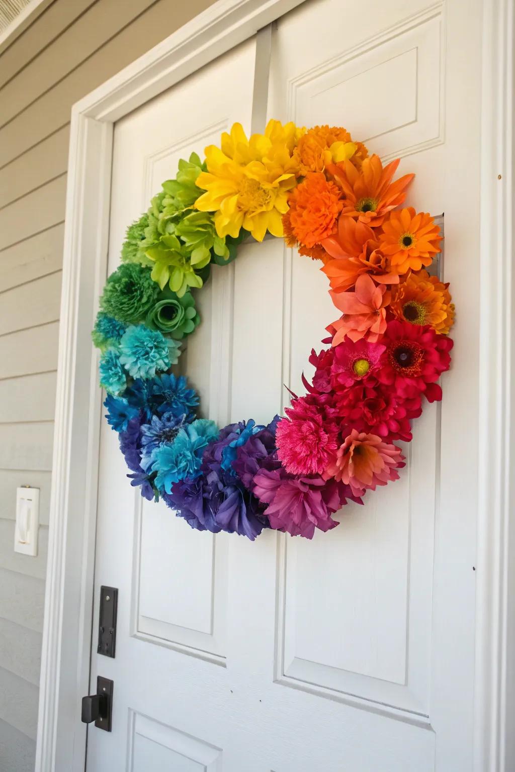 A bright and cheerful spectrum wreath for a vibrant welcome.
