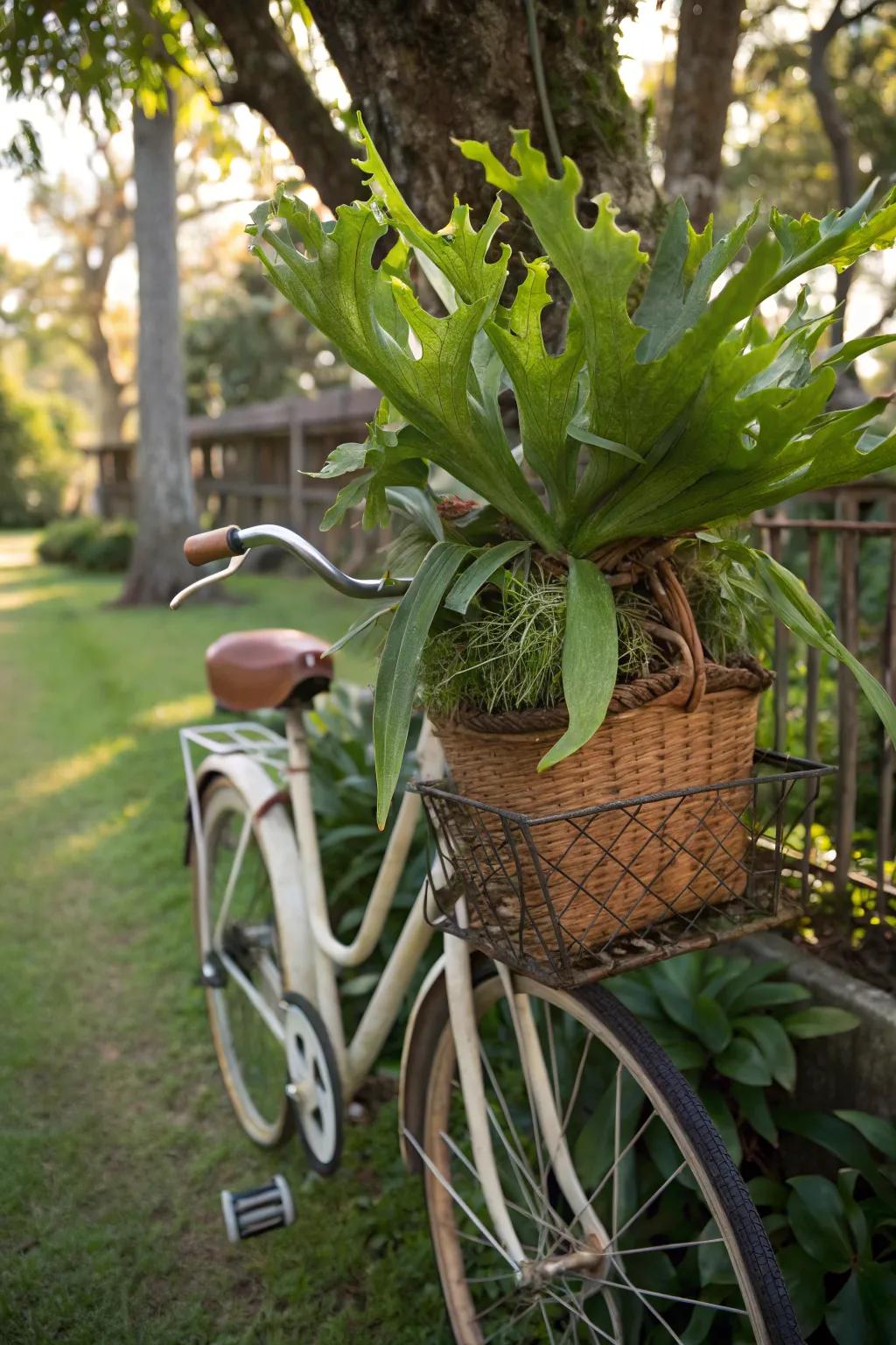 A classic cycle container introduces a whimsical element to a staghorn fern display.
