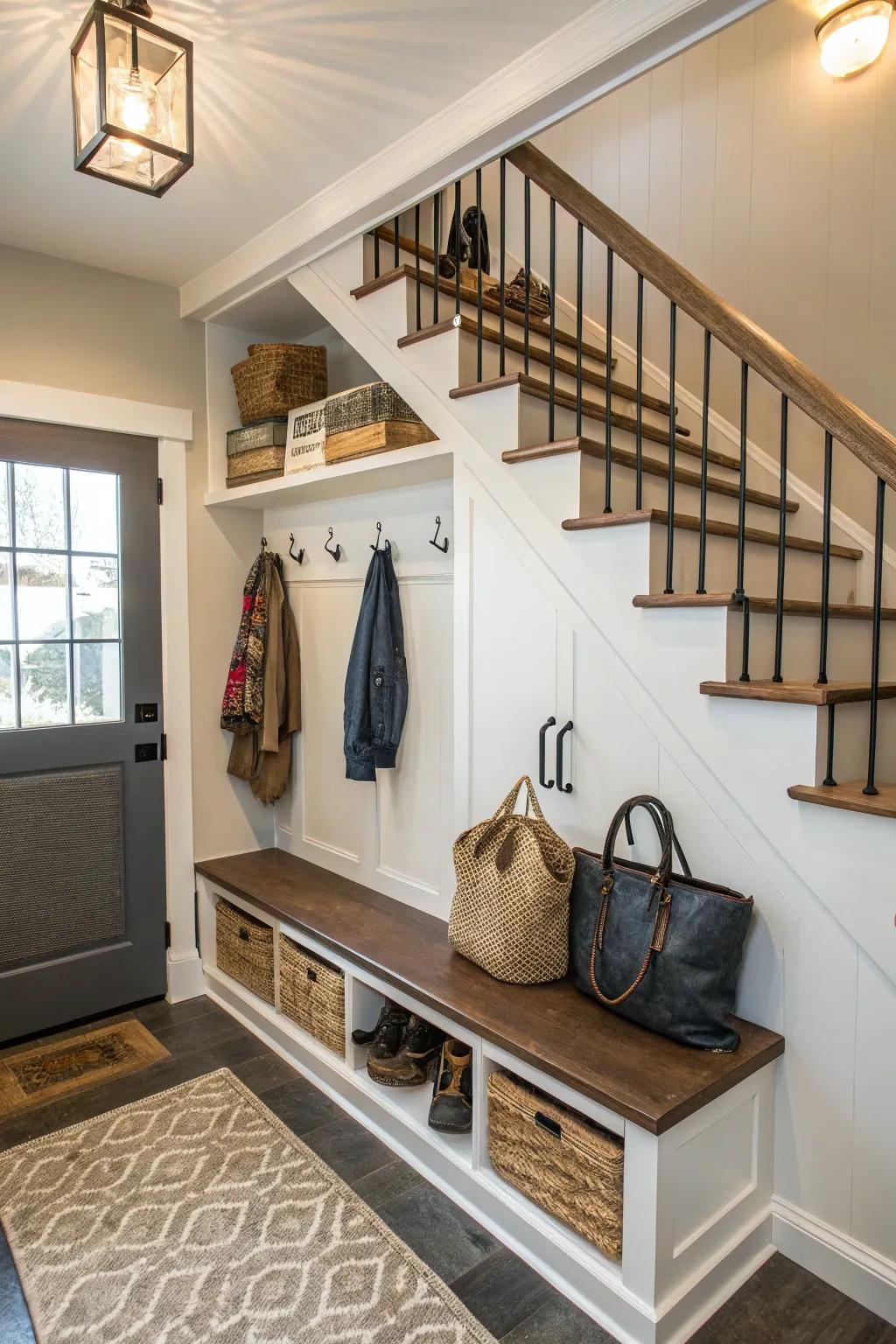 Keep your entryway organized with a mini mudroom under the stairs.