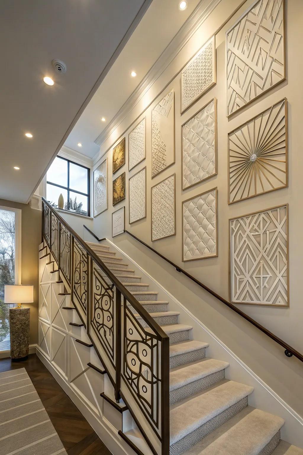 Artistic wall panels deliver a streamlined, contemporary aesthetic for staircase walls.