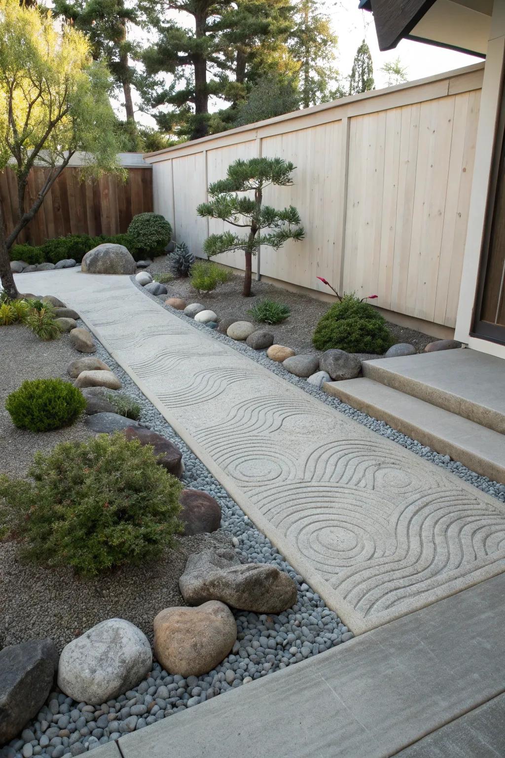 Zen garden featuring delicate wave design stamped concrete border