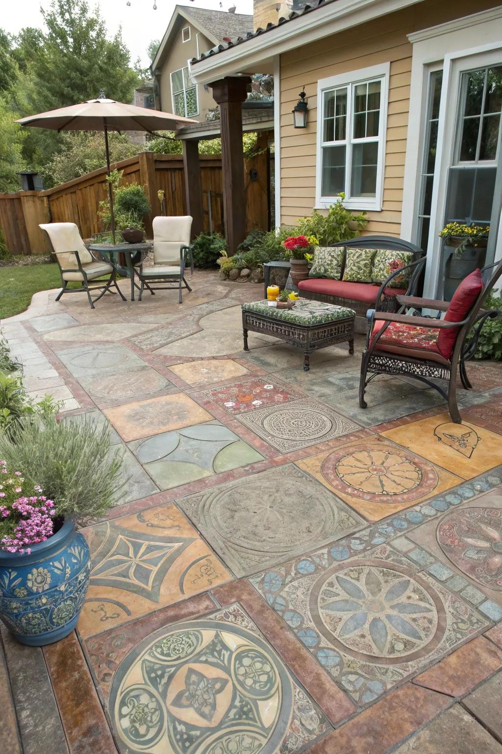 Multihued decorations introduce artistic flair to this patio.
