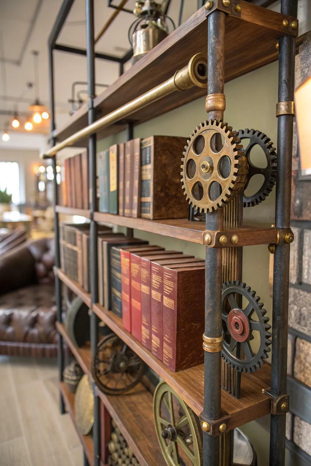 Steampunk-themed bookshelves merge function and style in this striking design.