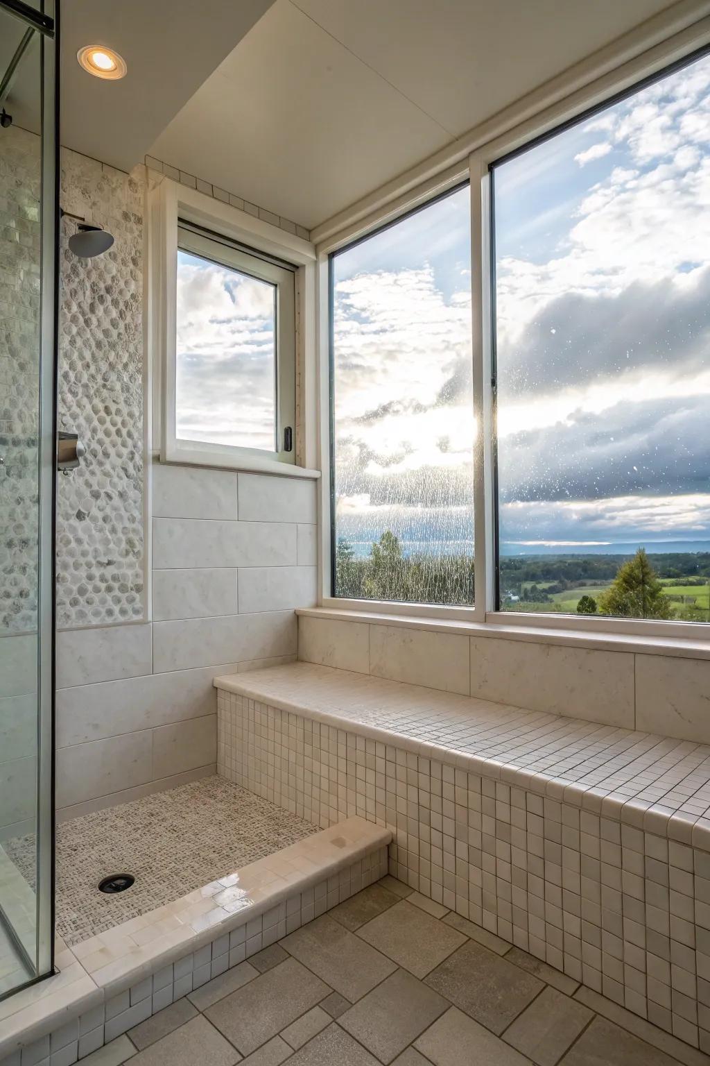 A split-level shower awash with natural rays, attributable to a strategically located window.