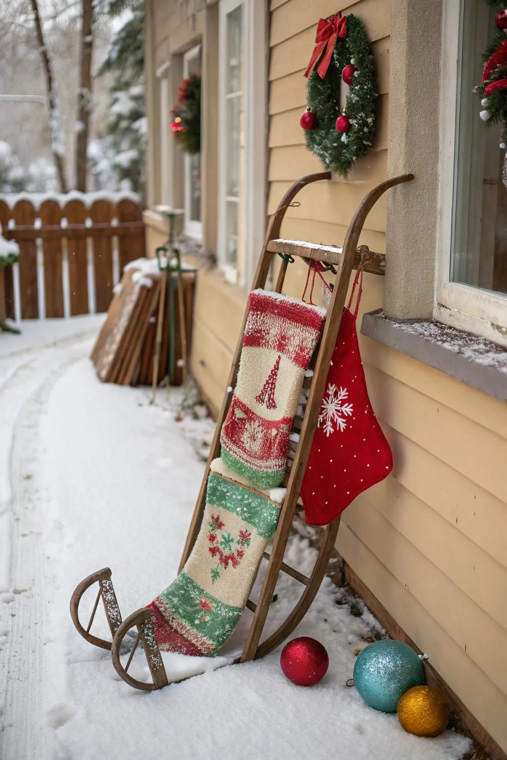 A vintage sled grants stockings a nostalgic presentation.