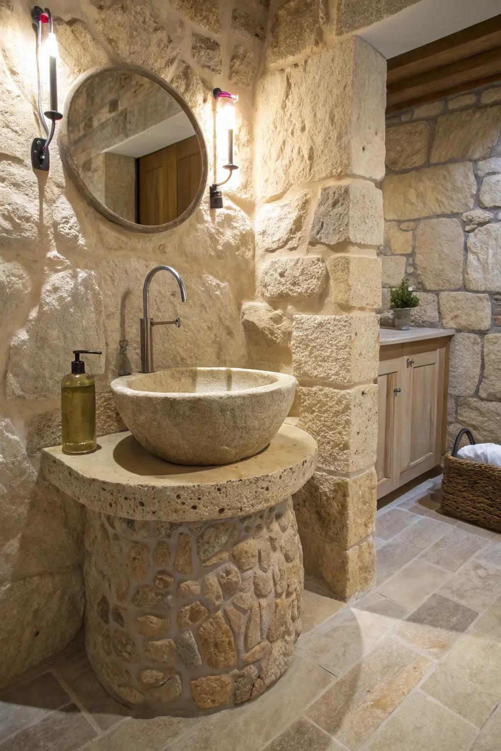 A stone bathroom presenting a distinct rock basin as a center point.