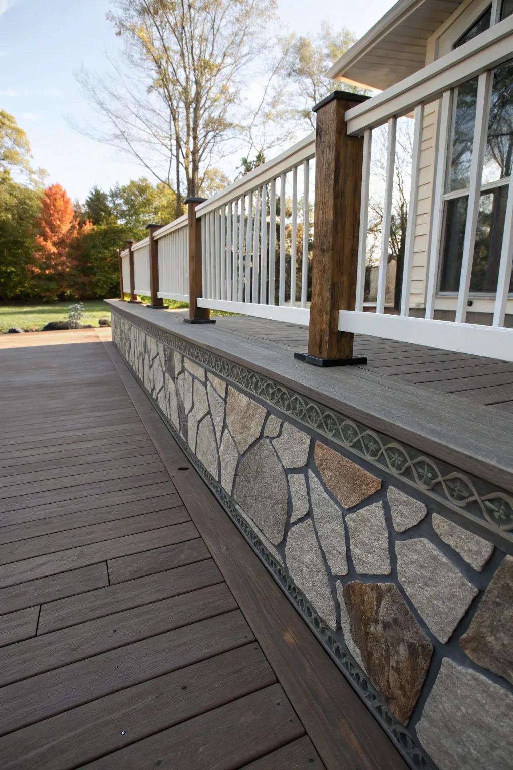 A deck transformed into an artistic masterpiece using patterned stone cladding.