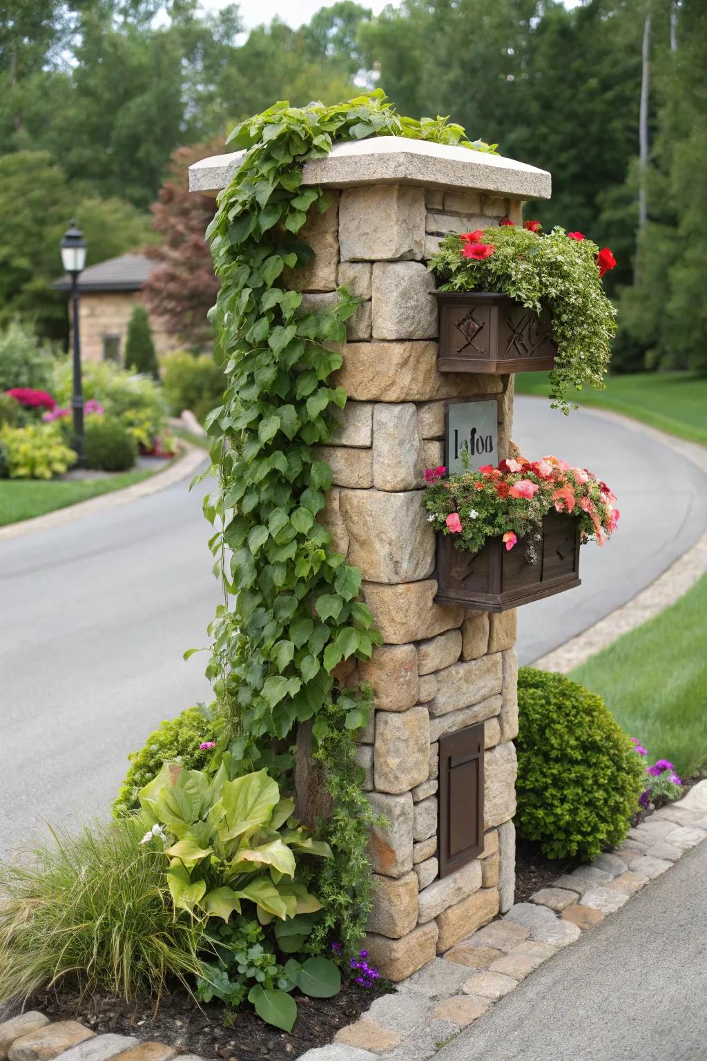 A stone mailbox pillar ornamented with a lush vertical garden.