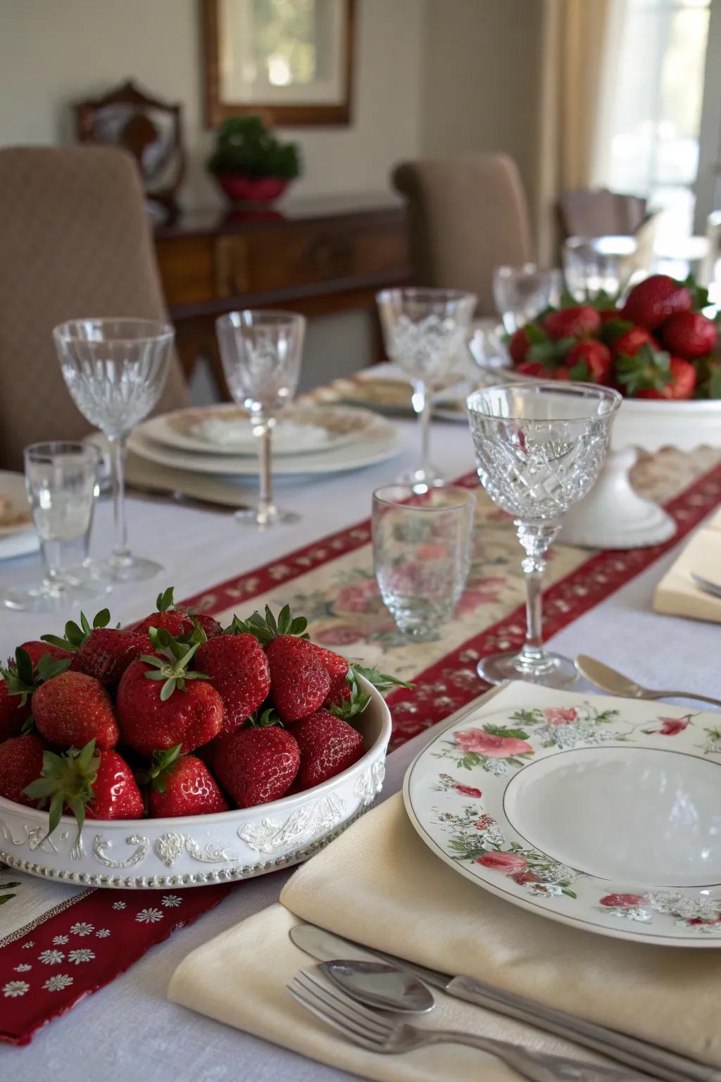A lively table pathway crafted from fresh Crimson Berries for a vibrant dining ambiance.