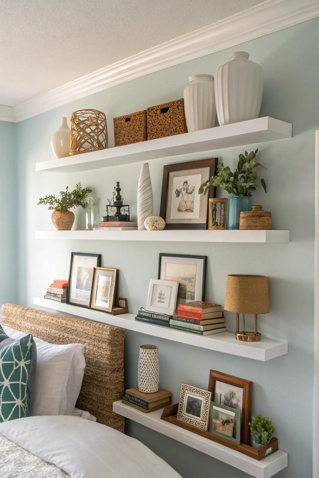 Impart dimension with suspended shelving.