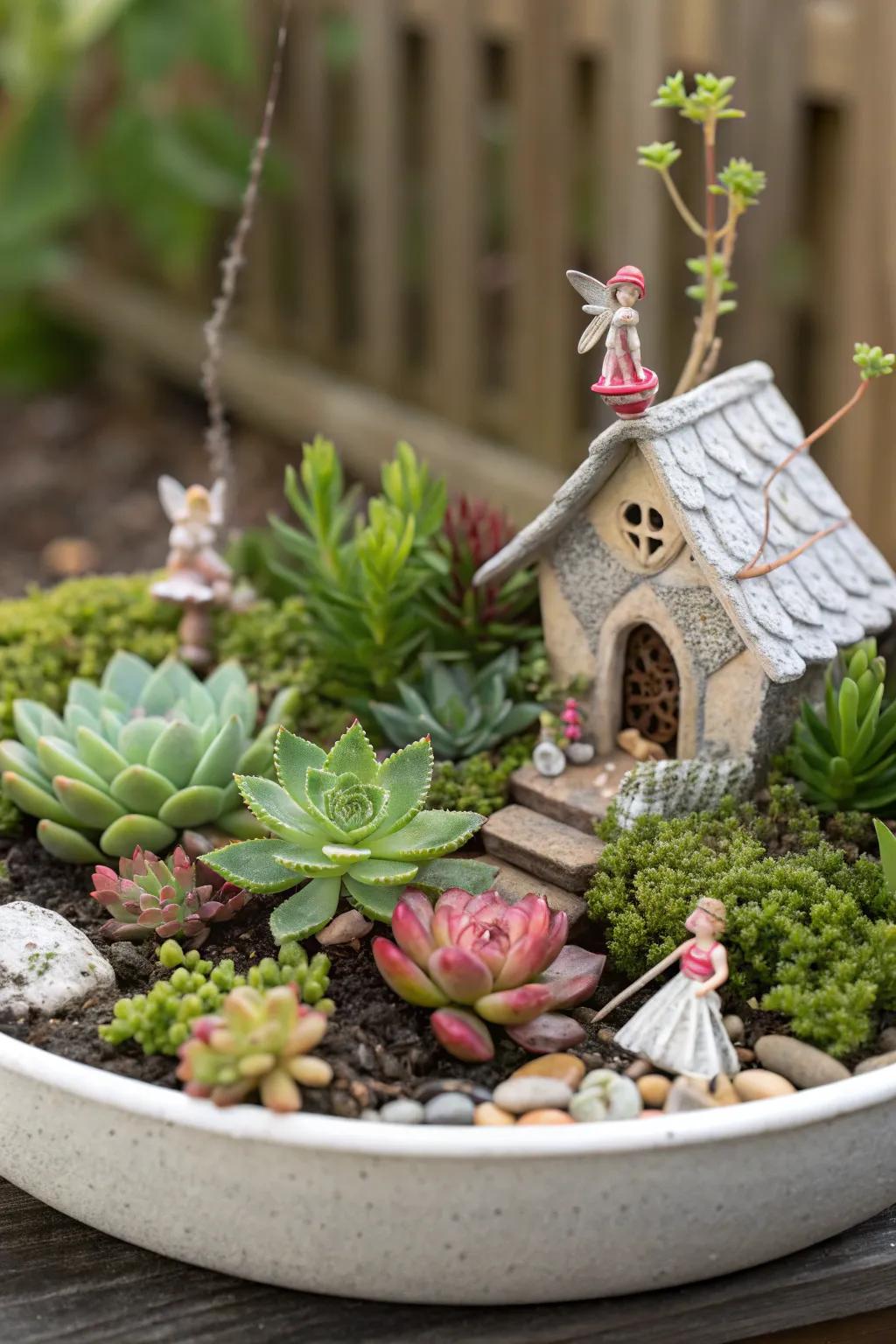 A delightful mystical garden crafted with succulents and enchanting miniatures.