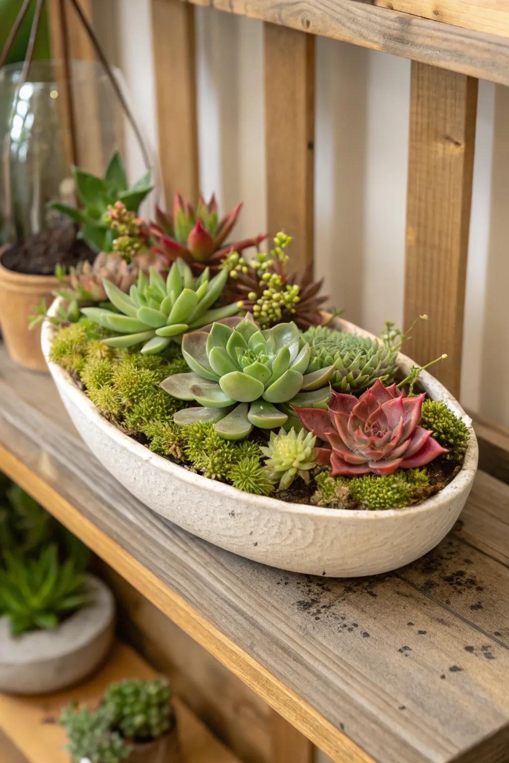 A forest-inspired succulent garden adorned with verdant moss accents.