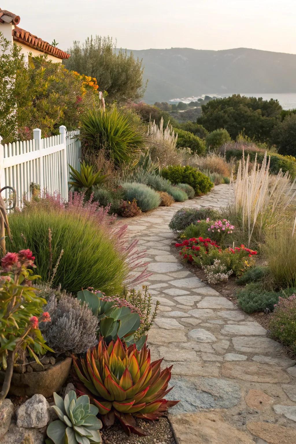 A Mediterranean-style garden featuring succulents, herbs, and ornamental grasses.