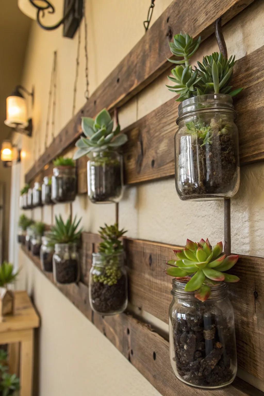 Preserving jar wall sconces bring a rustic chic aesthetic with succulents.