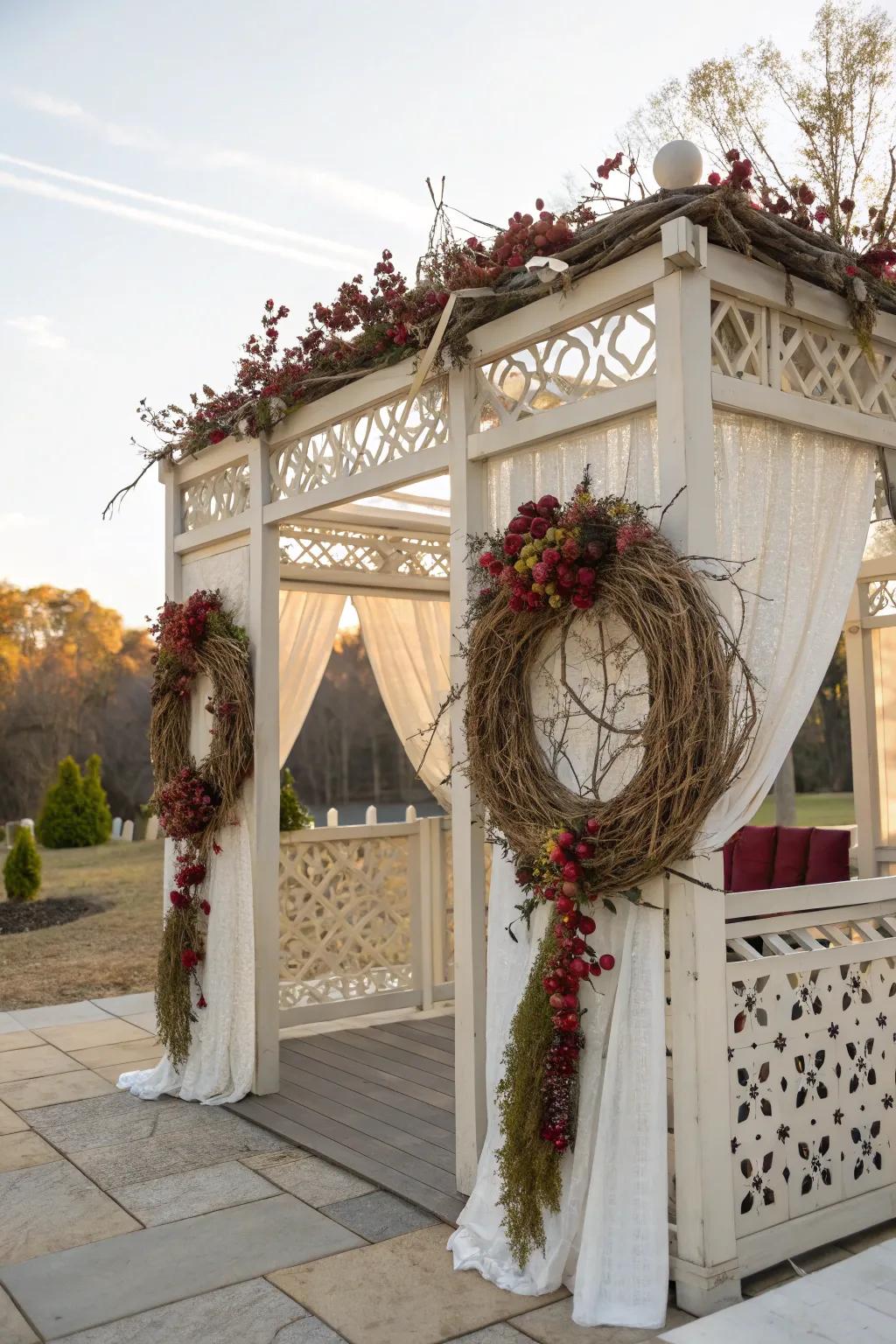 A rustic and refined sukkah with unprocessed circle ornaments crafted from twigs and berries.