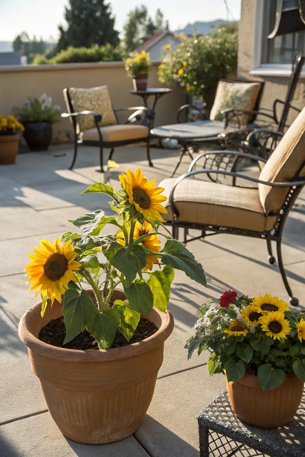 Illuminate your veranda through potted sunflowers.