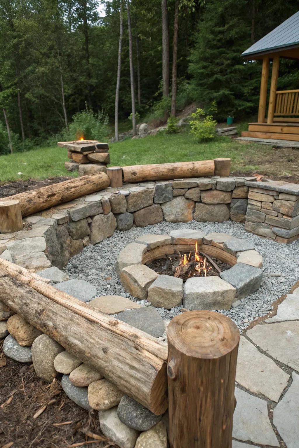 Stone and timber combine for a textured ground-level fire feature.