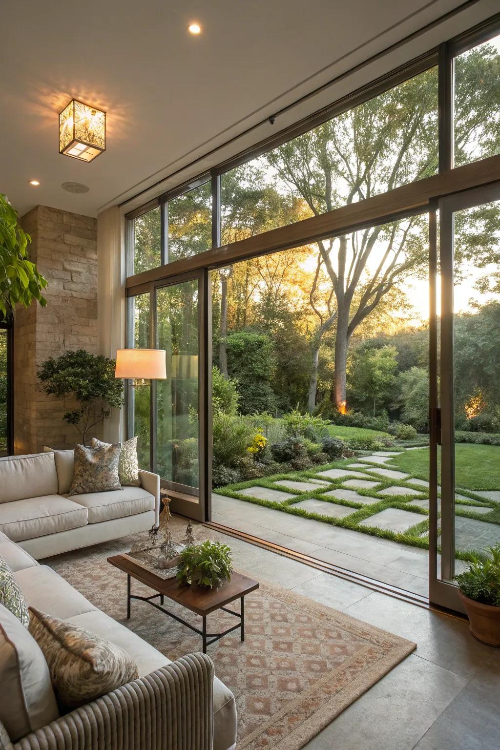 A recessed living room with seamless indoor-outdoor transition.