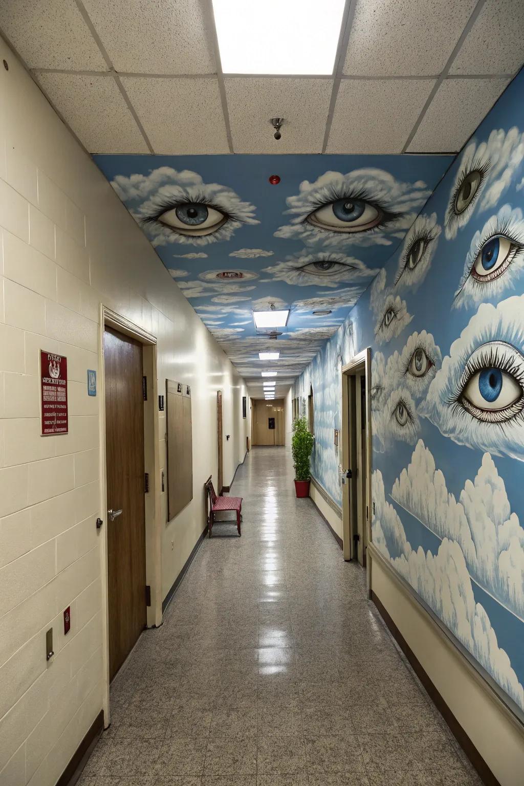 A hallway featuring skies brimming with eyes.