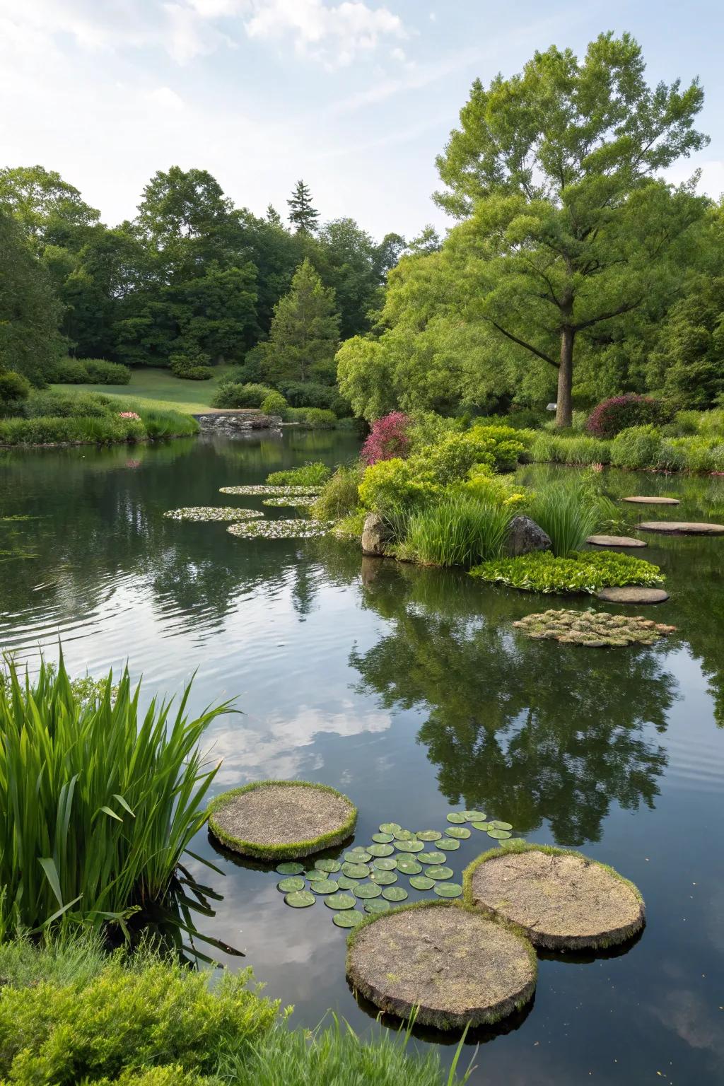 Floating beds add a distinctive and dynamic aspect to the pond.