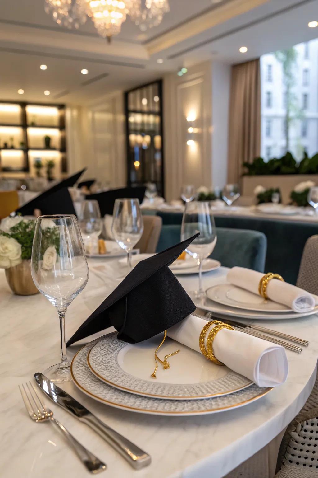 Academic cap napkin holders contribute a playful touch to the table arrangement.