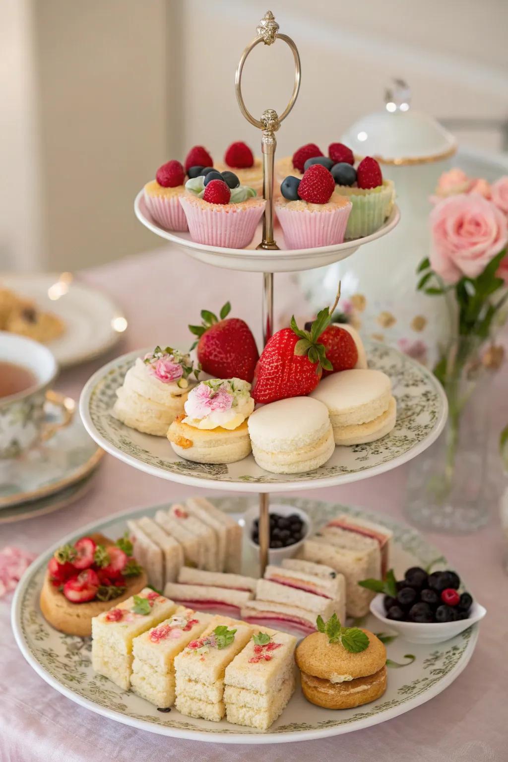 Tiered serving trays elegantly showcase treats.
