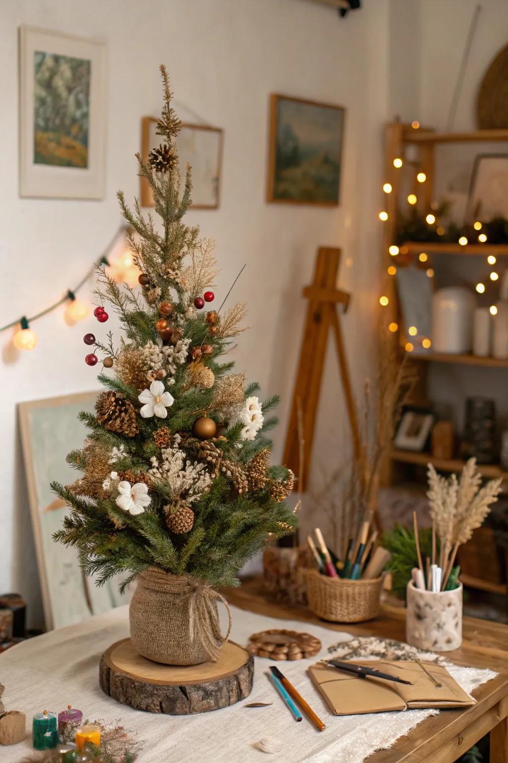 An artistic Christmas tree for a table, inspired by nature.