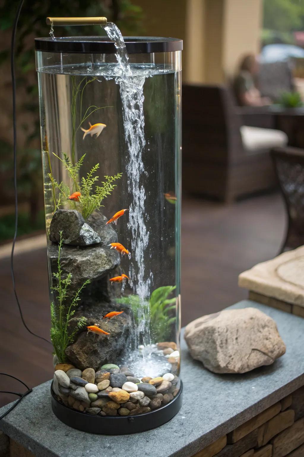 An elongated aquarium featuring a tranquil zen cascade element.