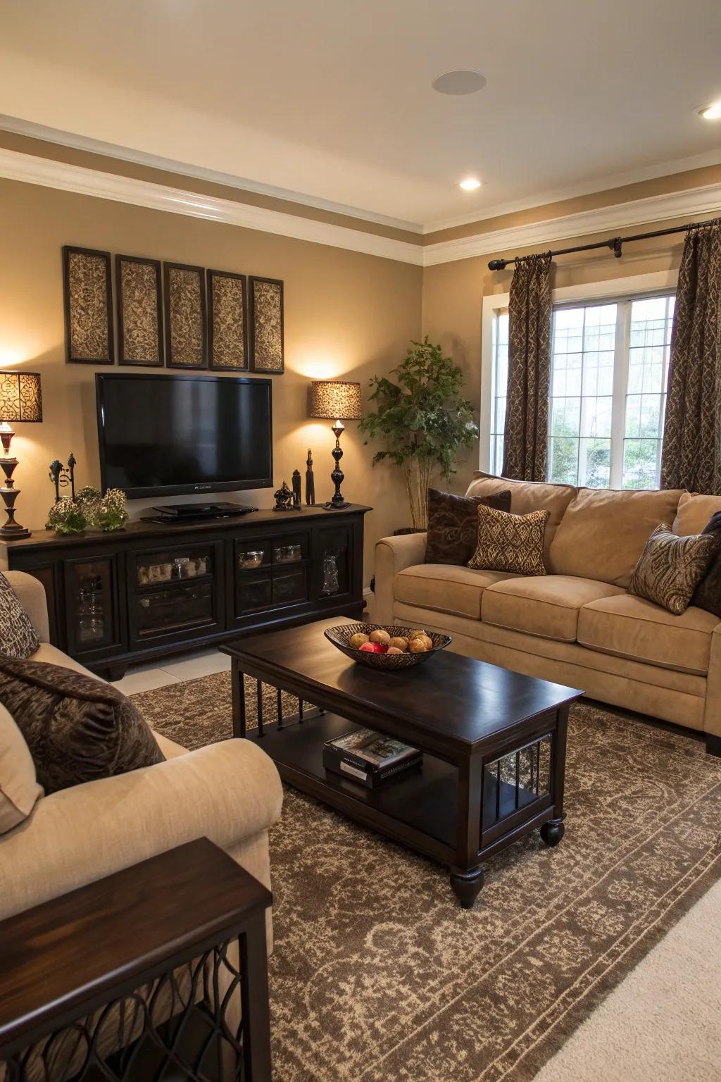 Dark accents offer a sophisticated contrast to a beige couch.