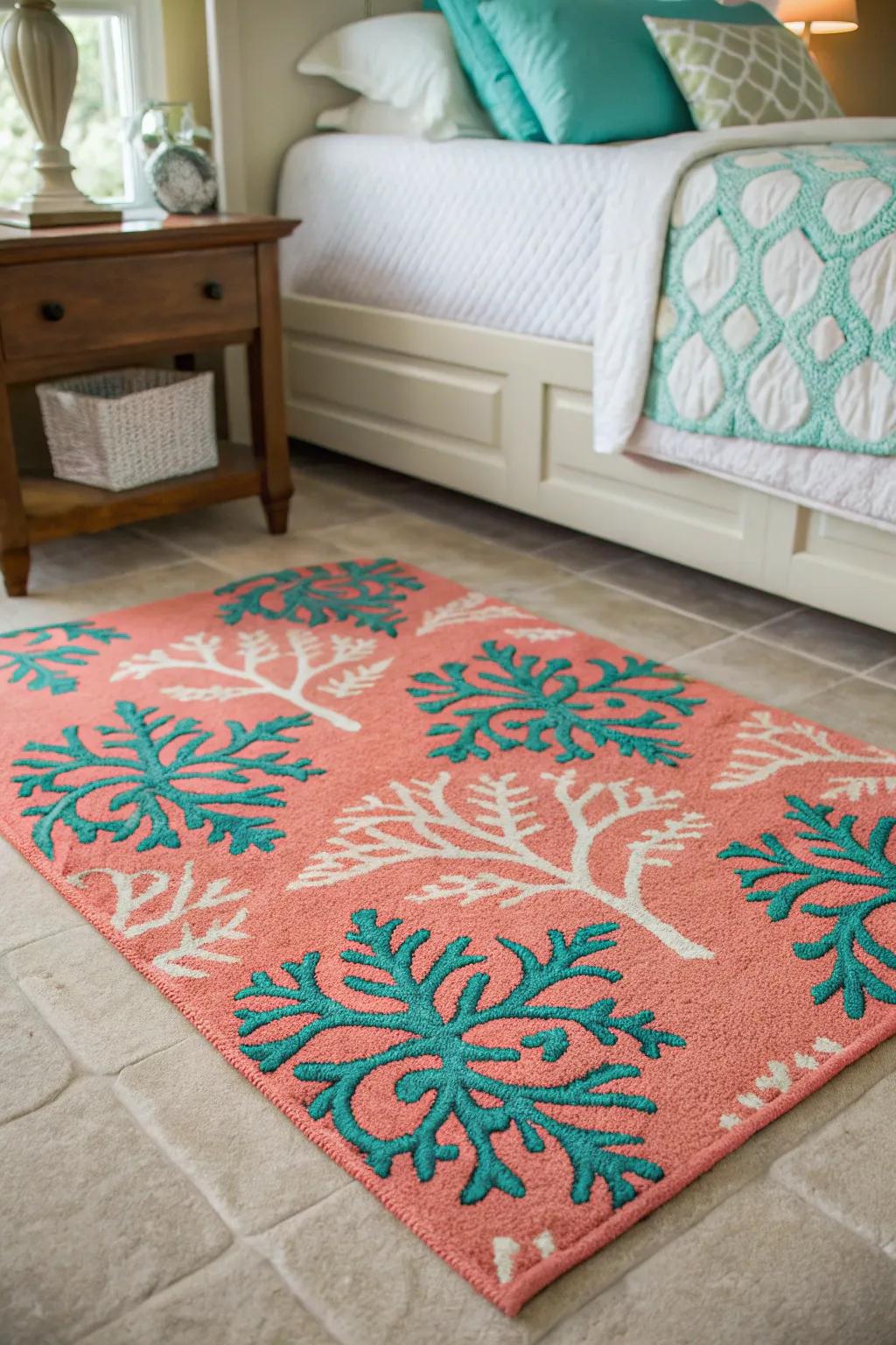 A coral and teal patterned floor covering adds depth to a room.