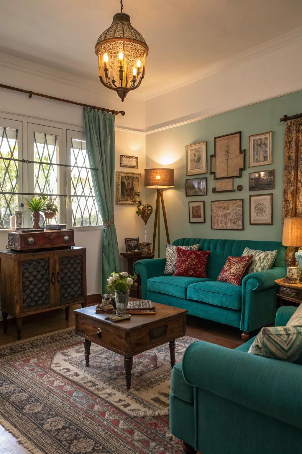Azure and vintage decor create a charming, eclectic mix in this cozy space.