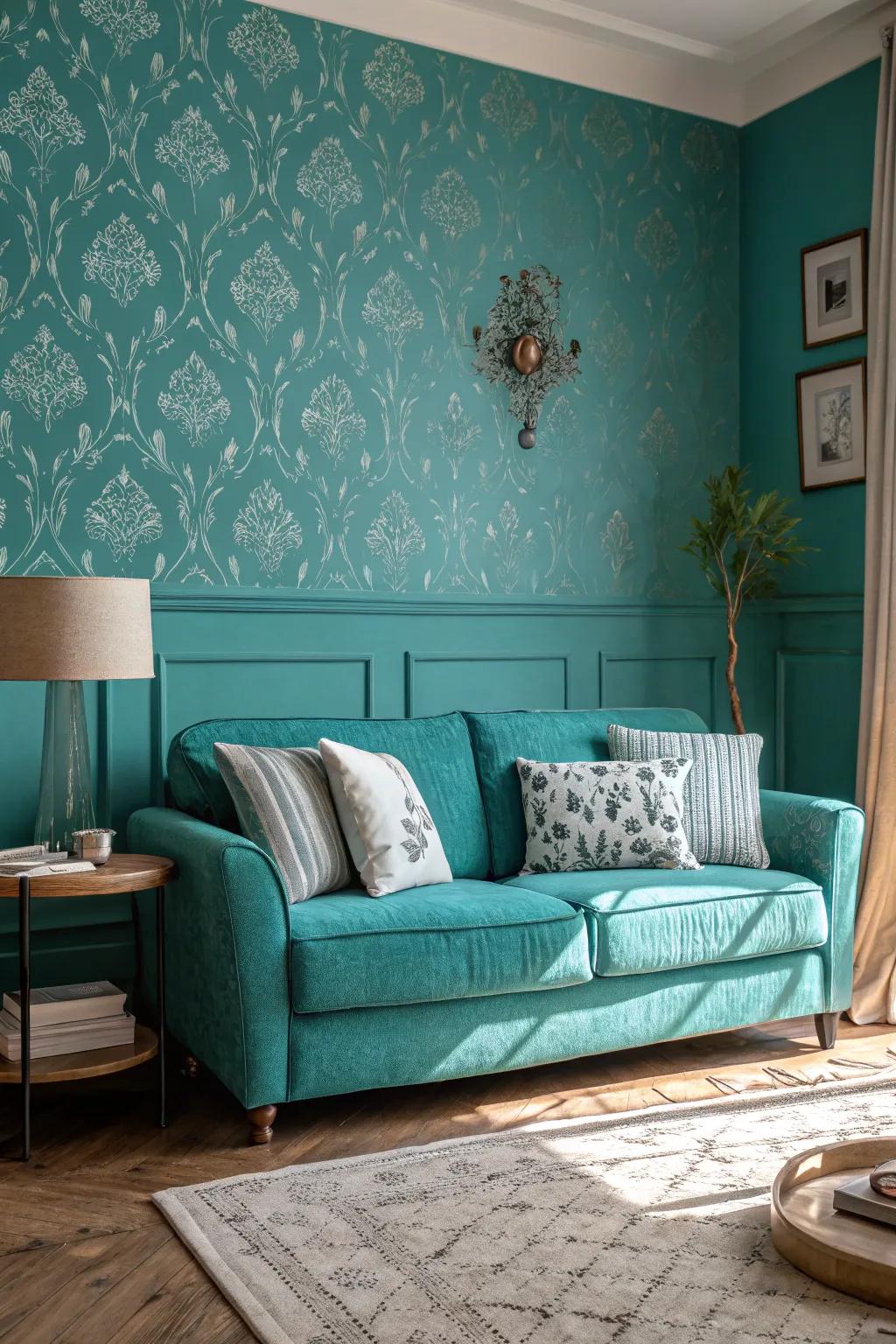 Sapphire wall covering can add depth and refinement to your family room.