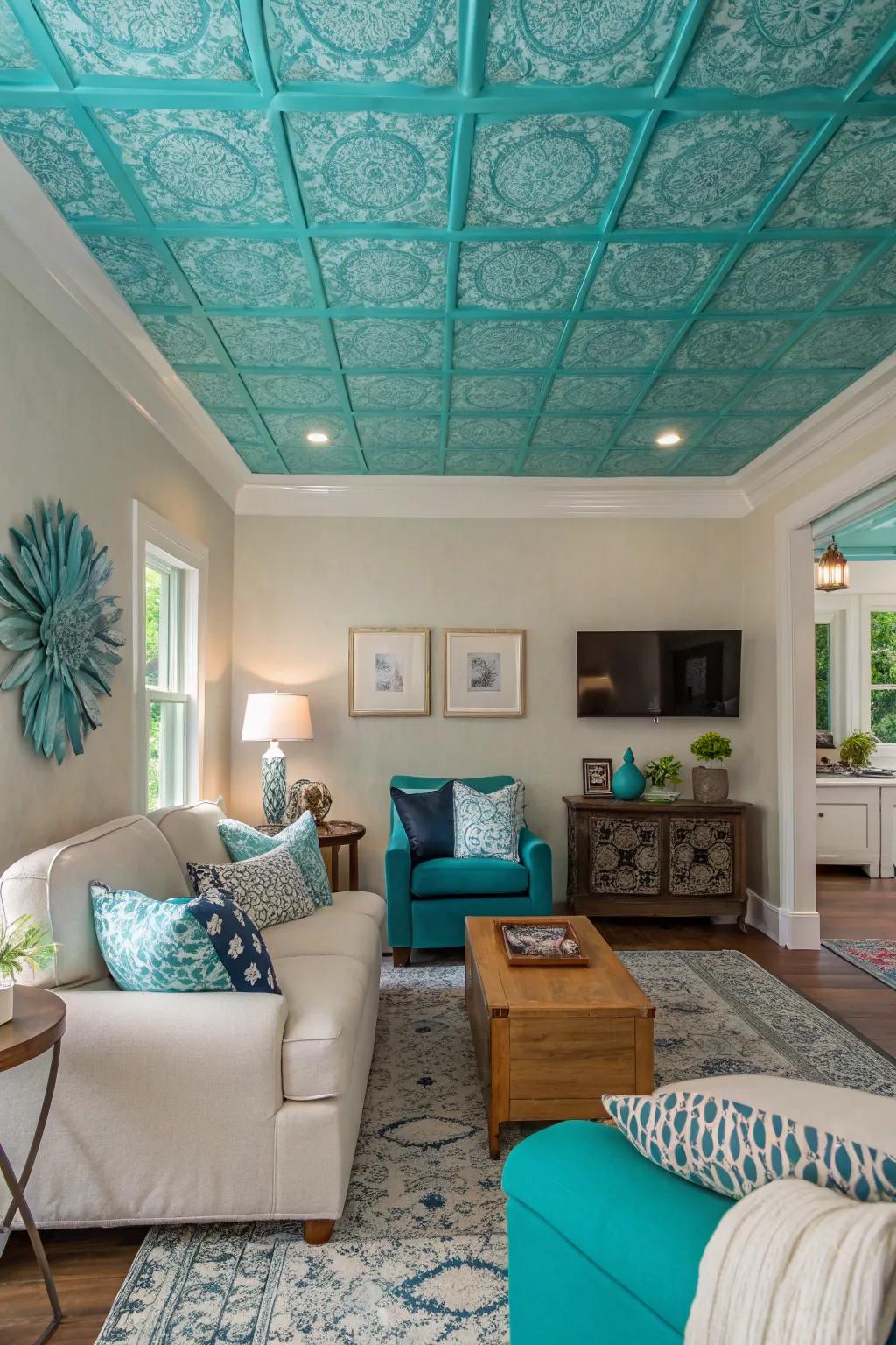 A turquoise ceiling brings an element of surprise to this fashionable space.
