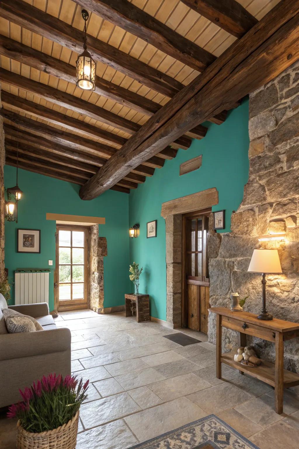 Warm and inviting rustic decor featuring teal walls.