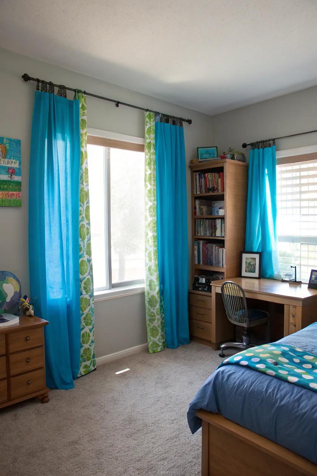 Bright curtains forge a cheerful centerpiece in the room.