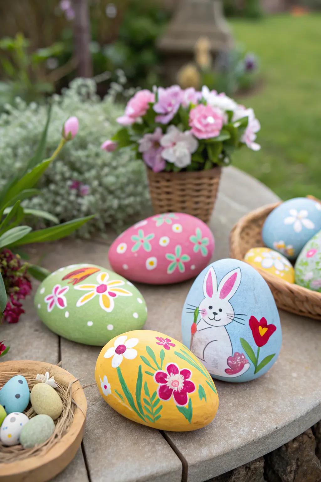 Painted Easter stones incorporating charm to the garden.