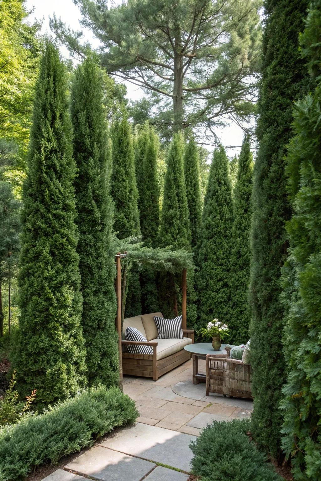 Unwind in a private garden nook surrounded by Evergreens.