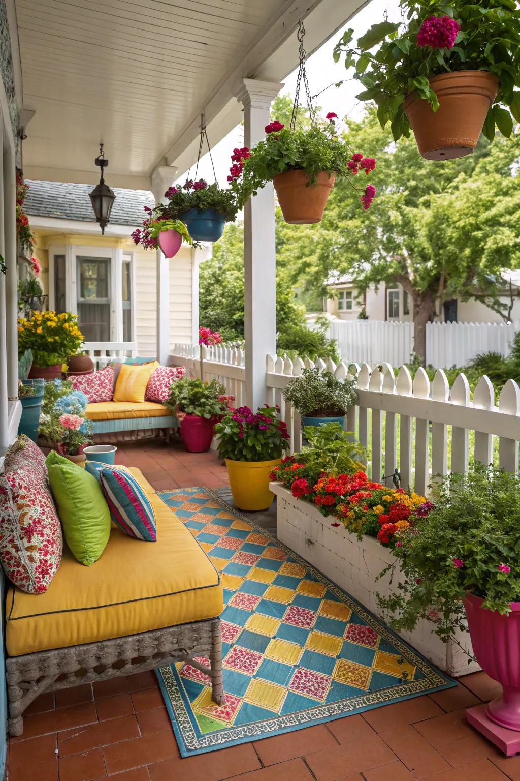 Vibrantly hued tiles infuse a playful and cheerful atmosphere to this porch.