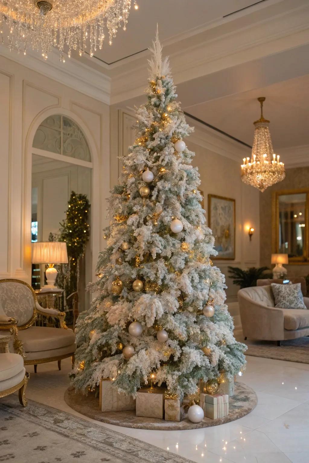 A luxurious home setting showcasing an opulent Christmas tree with opalescent sparkle ribbon.