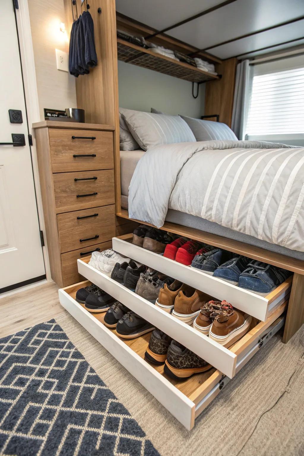Conveniently and stylishly stowed shoes.