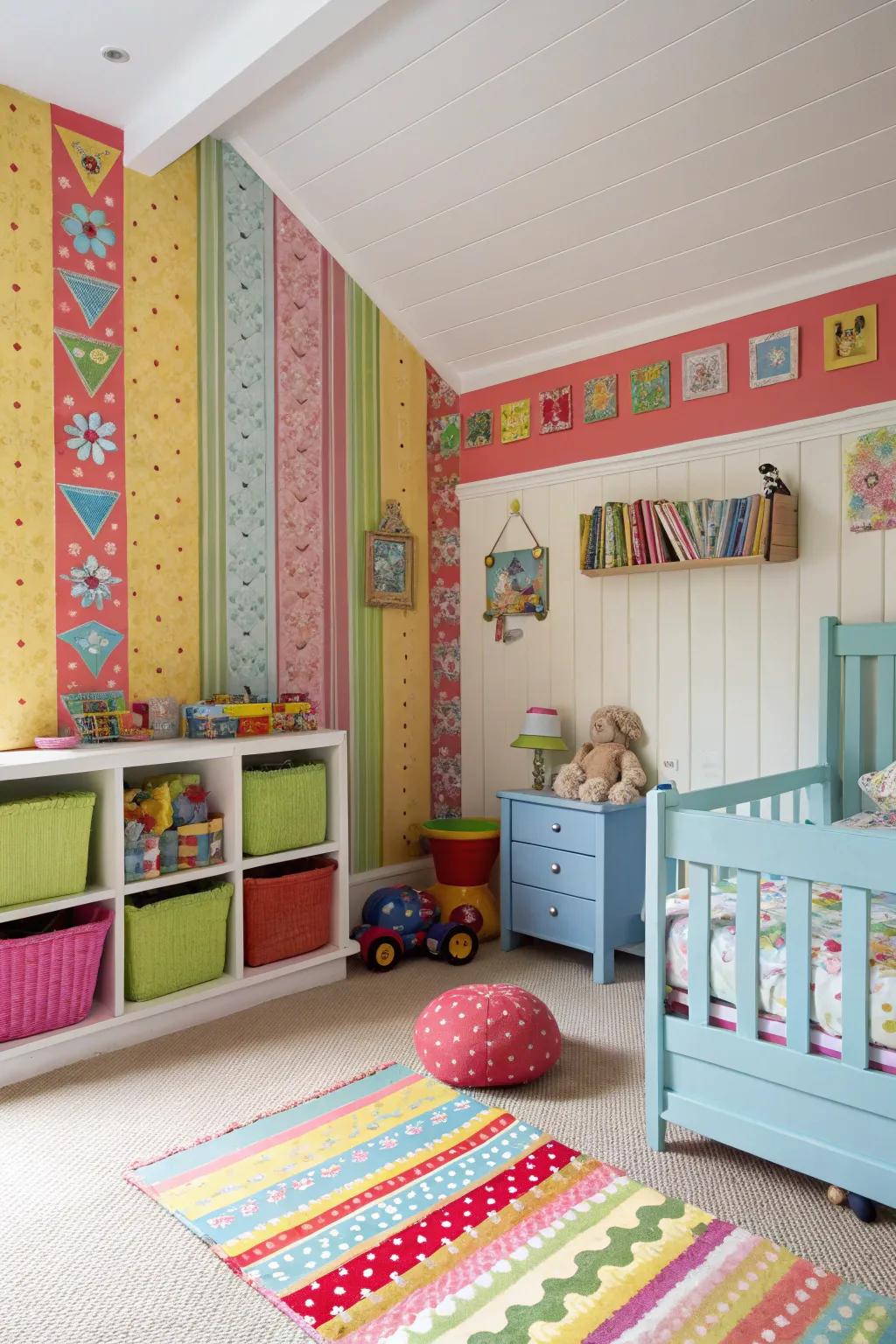 Painted shiplap walls create a playful kids' zone.