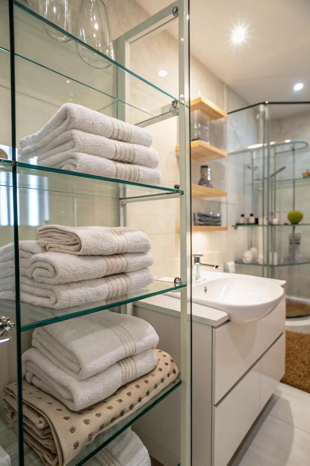 Glass shelves add a hint of class to towel storage.