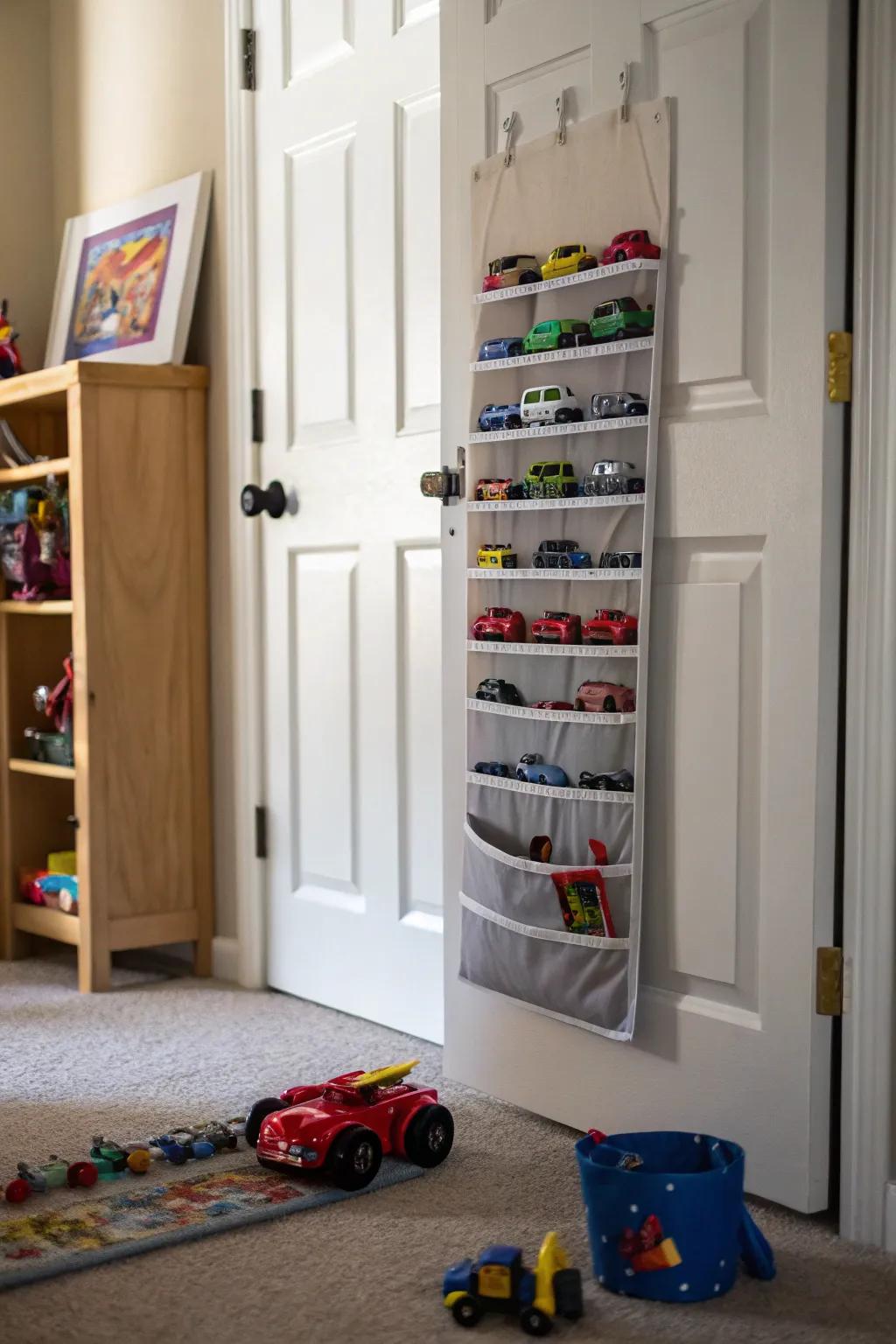 Hanging organizers keep small toys accessible and organized.