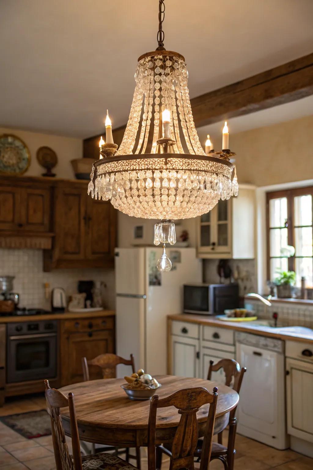 A chandelier introduces an element of luxury and elegance.