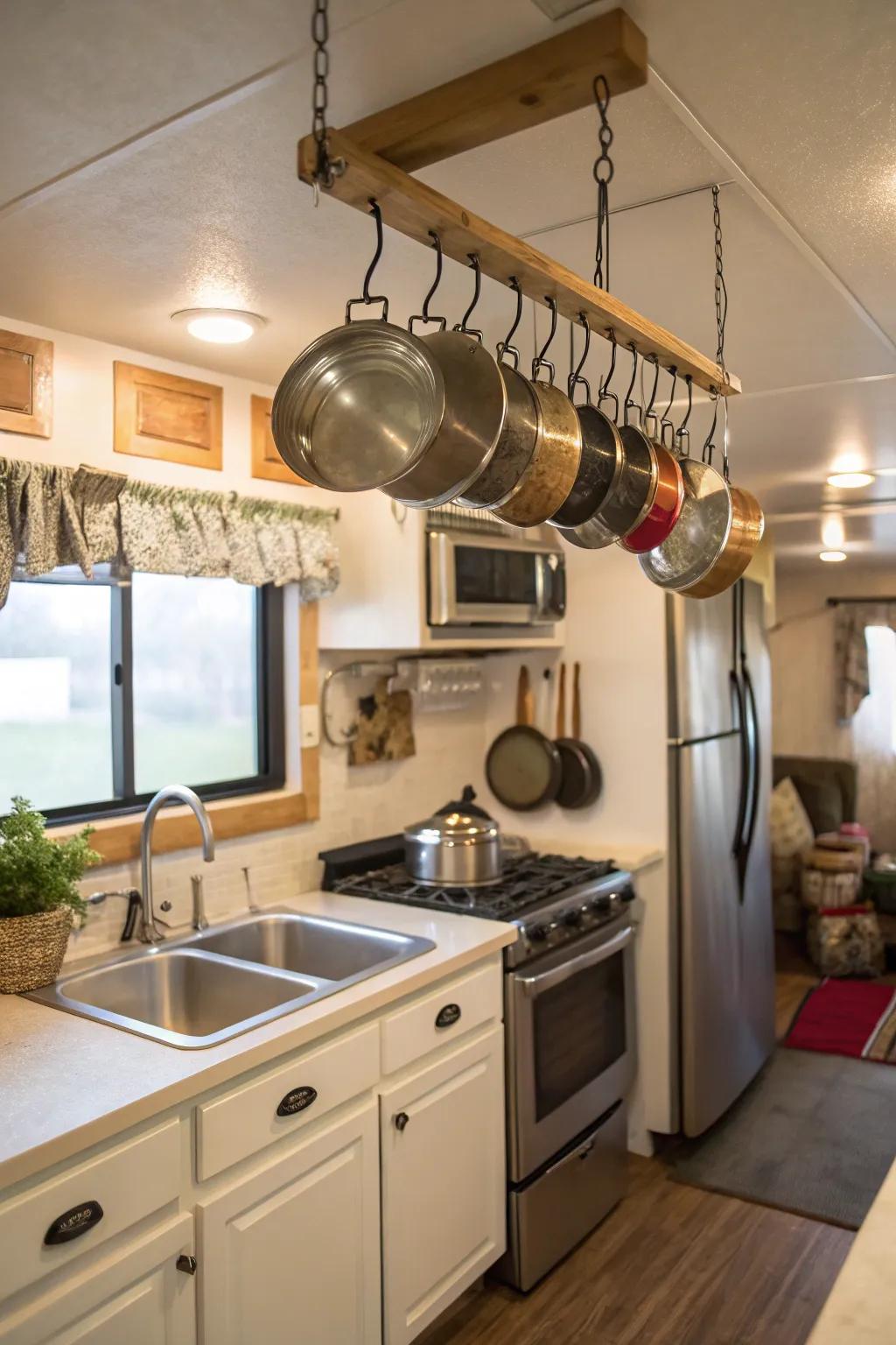 A cookware rack conserves space and introduces a rustic touch.